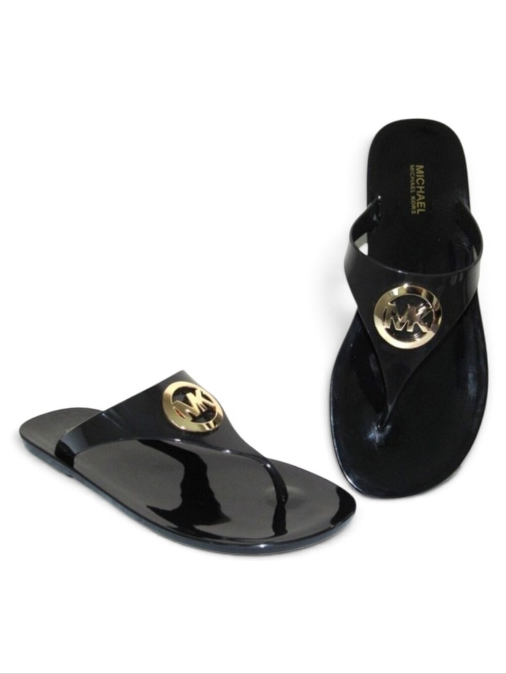MICHAEL Michael Kors Black Jelly Thong Sandals with Gold MK Medallion - Size 11